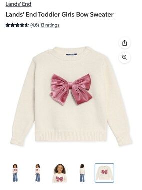 Lands' End Cream Toddler Sweater with Pink Velvet Bow